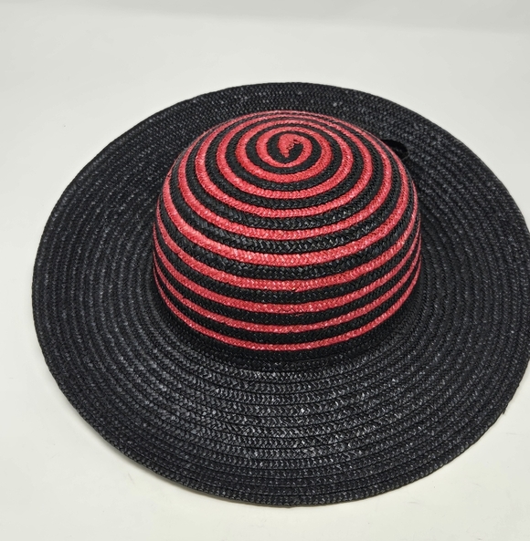 VINTAGE 100% NATURAL STRAW WOVEN HAT BLACK & RED SWIRL ITALY WOMEN OS WHIMSIGOTH - Picture 12 of 13